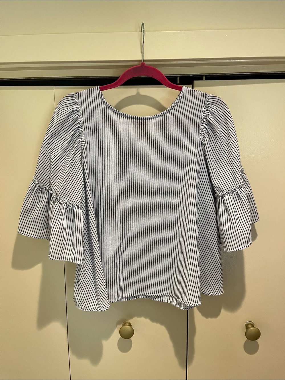 Altar'd State Blue & White Stripe Ruffle Sleeve Top